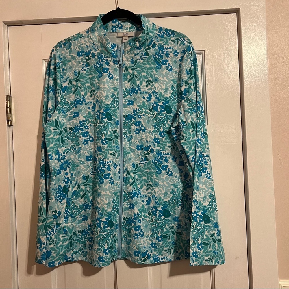 #90 CROFT & BARROW ABSTRACT AQUA BLUE & GREEN FLORAL ZIP JACKET SIZE LARGE NWOT - Picture 2 of 7